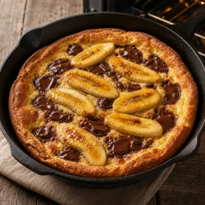 Panqueque horneado con chocolate derretido y bananas