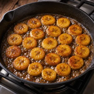 Rodajas de banana caramelizandose con mantequilla y azucar moreno