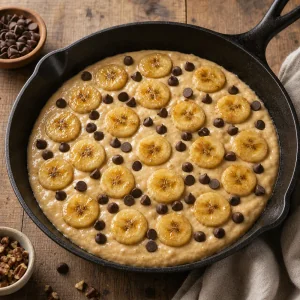 Masa con bananas y chispas de chocolate en una sarten