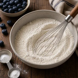 Ingredientes secos para panqueque batidos en un bol