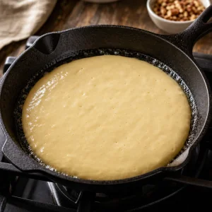 Masa de panqueque extendida en una sarten de hierro