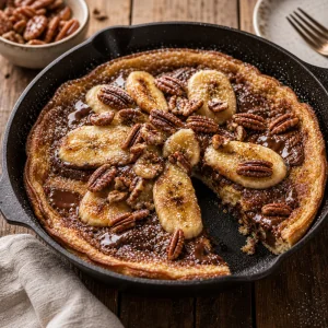Panqueque en sarten con pecanas tostadas y azucar glas