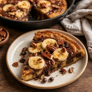 Porcion tibia de panqueque con banana fresca y chocolate