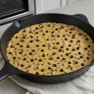 Masa cruda de galleta con chispas extendida en la sartén