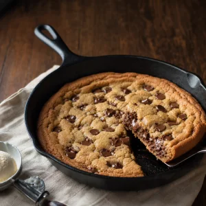 Galleta tibia con chispas de chocolate en una sartén de hierro con una porción fundente levantada