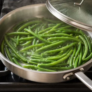 Bright green beans steaming in a covered skillet