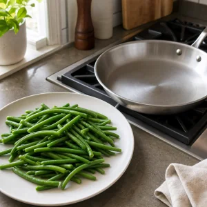 Cooked green beans on a plate beside the dry skillet