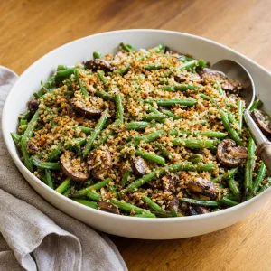 Green beans and mushrooms topped with crisp buttered crumbs