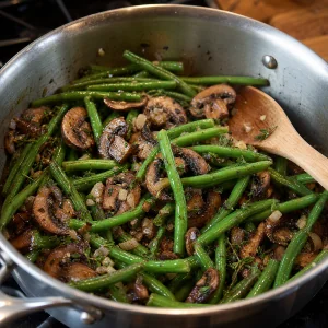 Green beans tossed with browned mushrooms in the skillet