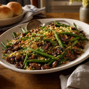 Green beans with browned mushrooms and buttered crumbs on a serving platter