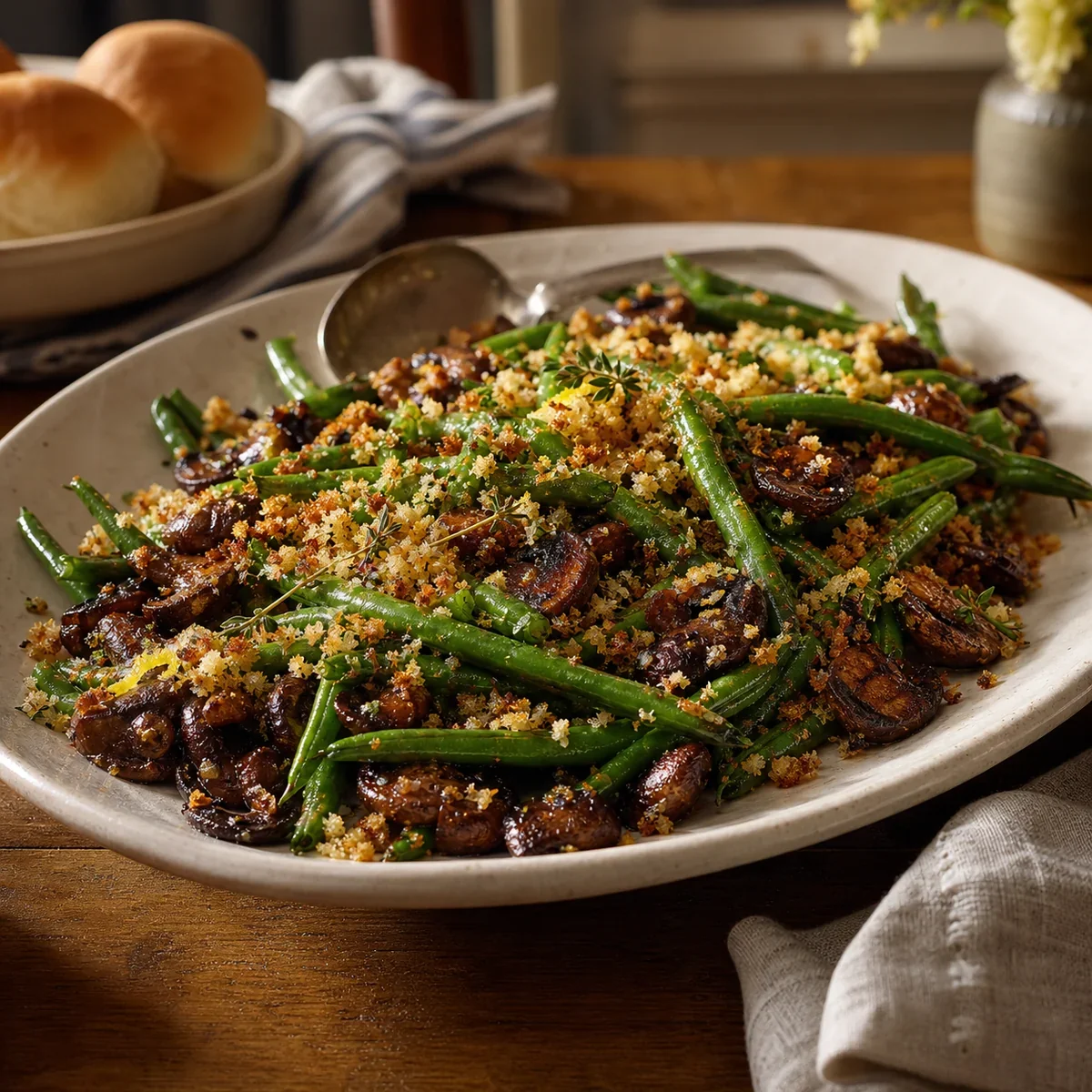 Green beans with browned mushrooms and buttered crumbs on a serving platter