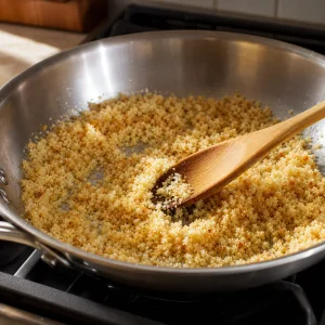 Panko breadcrumbs toasting in butter in a skillet