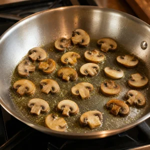 Sliced mushrooms beginning to brown in a skillet