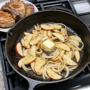 Apple slices and onions added to the skillet with butter