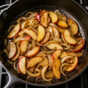 Apples and onions softened and browned in the skillet