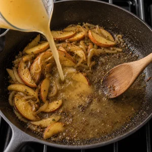 Cider sauce poured into the skillet to deglaze apples and onions