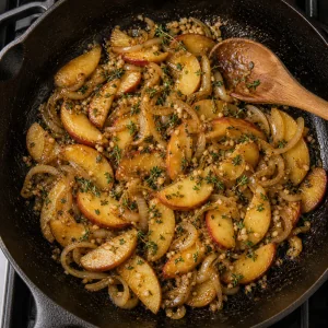 Garlic and thyme stirred into apples and onions
