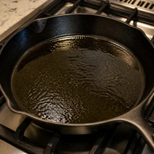 Olive oil shimmering in a hot cast iron skillet