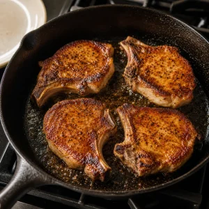 Pork chops searing in a cast iron skillet