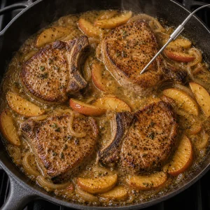 Pork chops simmering with apples and onions in pan sauce