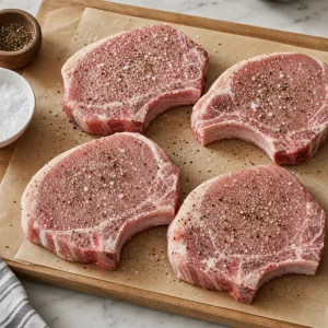 Raw bone-in pork chops seasoned with salt and pepper
