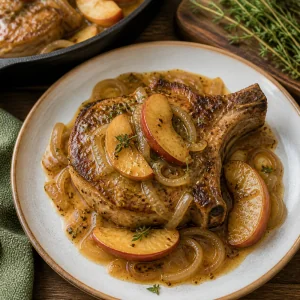 Rested pork chop served with apples, onions, and pan sauce