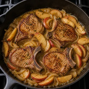 Seared pork chops nestled among apples and onions in sauce