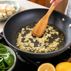 Chopped garlic gently sauteed in olive oil in a nonstick skillet