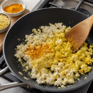 Crumbled tofu mixed with turmeric and nutritional yeast until bright yellow
