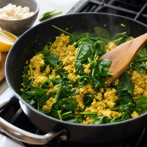 Fresh spinach folded into yellow tofu scramble until just wilted