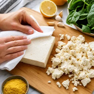 Pressed tofu patted dry and crumbled into pieces