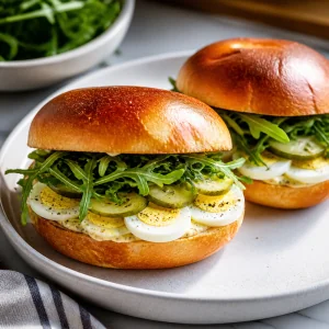 Geschlossene Eier-Sandwiches mit sichtbaren Rucola- und Gurkenschichten