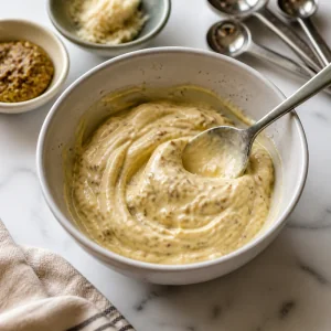 Senf-Meerrettich-Mayonnaise in einer kleinen Schüssel verrührt