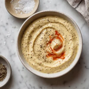 Gewürzte Senfcreme mit Pfeffer und scharfer Sauce