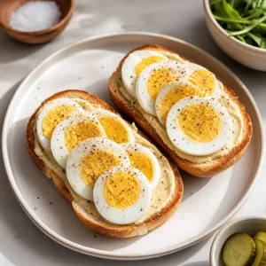 Scheiben von hart gekochten Eiern auf bestrichenen Brötchen