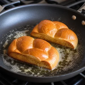 Aufgeschnittene Brötchen rösten in Butter in einer Pfanne