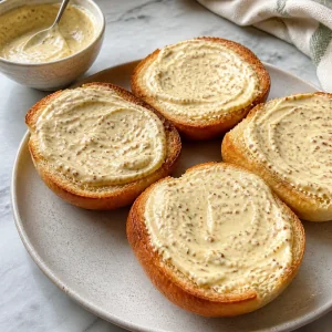 Getoastete Brötchen mit Dijon-Meerrettich-Mayonnaise bestrichen