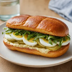 Closed egg sandwich with arugula, pickles, and sliced egg visible inside