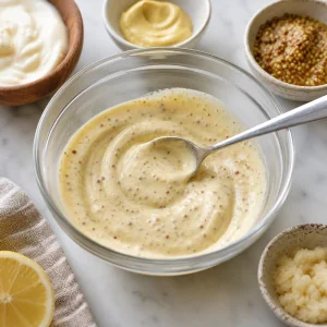 Creamy mustard horseradish spread being mixed in a small bowl