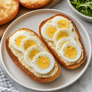 Sliced hard-boiled eggs arranged on spread-coated roll bottoms