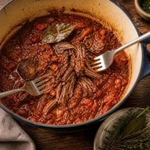 토마토 라구에 잘게 찢은 부드러운 조림 소고기