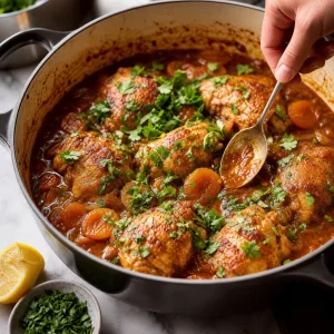 Braised Moroccan chicken finished with fresh herbs