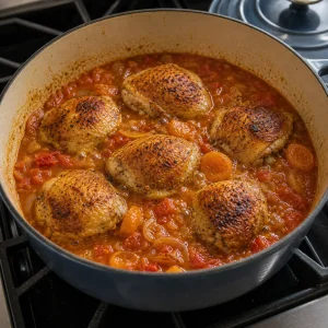 Browned chicken thighs braising in tomato apricot sauce