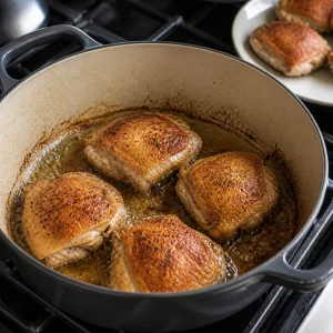 Chicken thighs searing skin-side down in a Dutch oven