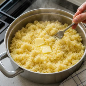 Fluffy couscous being mixed with melting butter