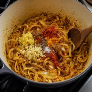 Garlic ginger and Moroccan spices blooming with onions