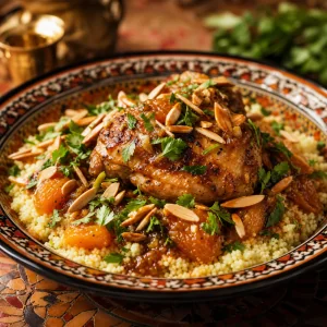 Moroccan chicken with apricots almonds and couscous