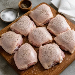 Raw chicken thighs seasoned with salt and pepper