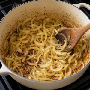 Sliced onions cooking in olive oil with browned chicken fond