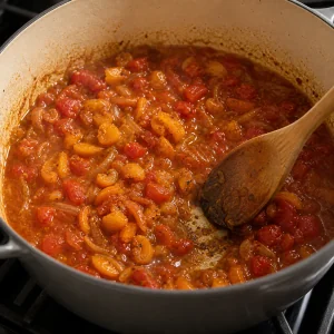 Tomato apricot sauce simmering in a Dutch oven